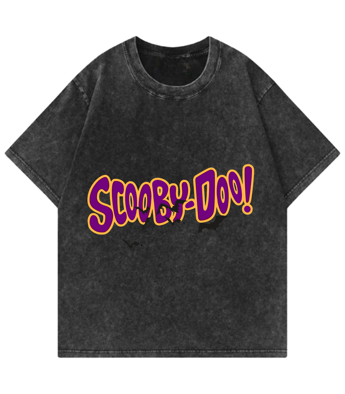 Black t-shirt with 'Scooby-Doo!' text in purple and yellow on a white background